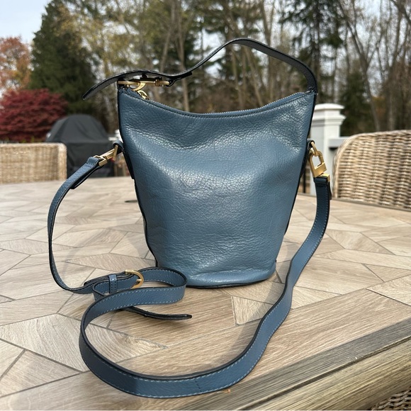 Kate Spade Handbags - Kate Spade Saturday Small Blue Leather Bucket Bag With Zipper And Shoulder Strap